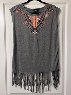 Rue21 Gray Embroidered Fringe Boho Sleeveless Top Size M